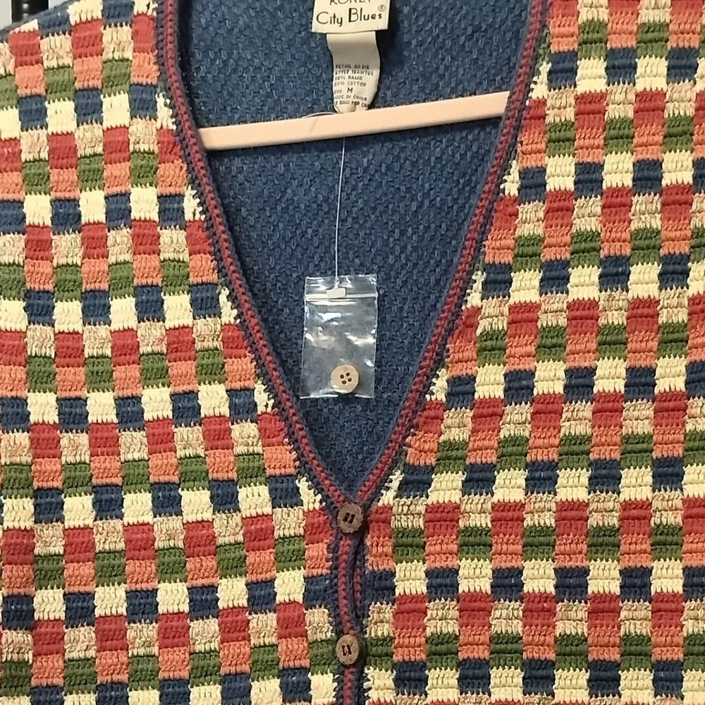KORET City Blues Women's M Vintage Geometric Checkered Knit Button Up‎ Vest
